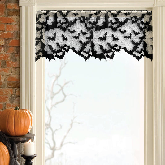 Halloween Bat Spider Web 60x20 Lace Valance Curtain Black