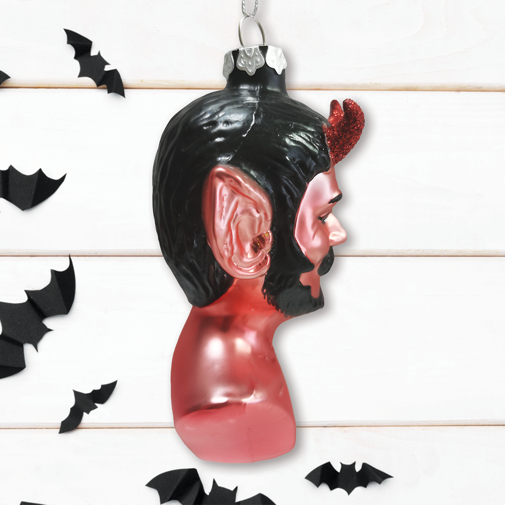 Devil Head Glass Christmas Ornament, Halloween Horror Decor