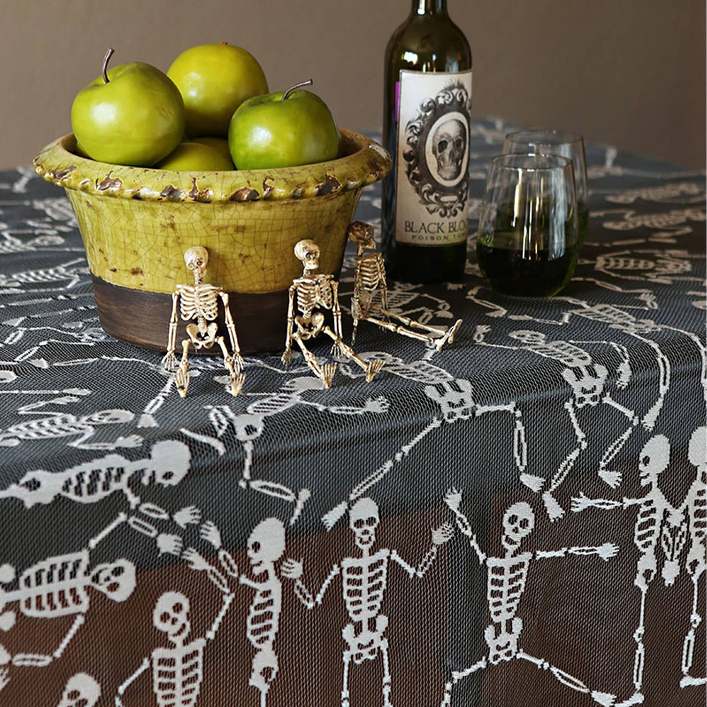 Halloween Skeleton Dance 58x58 Lace Tablecloth Pewter