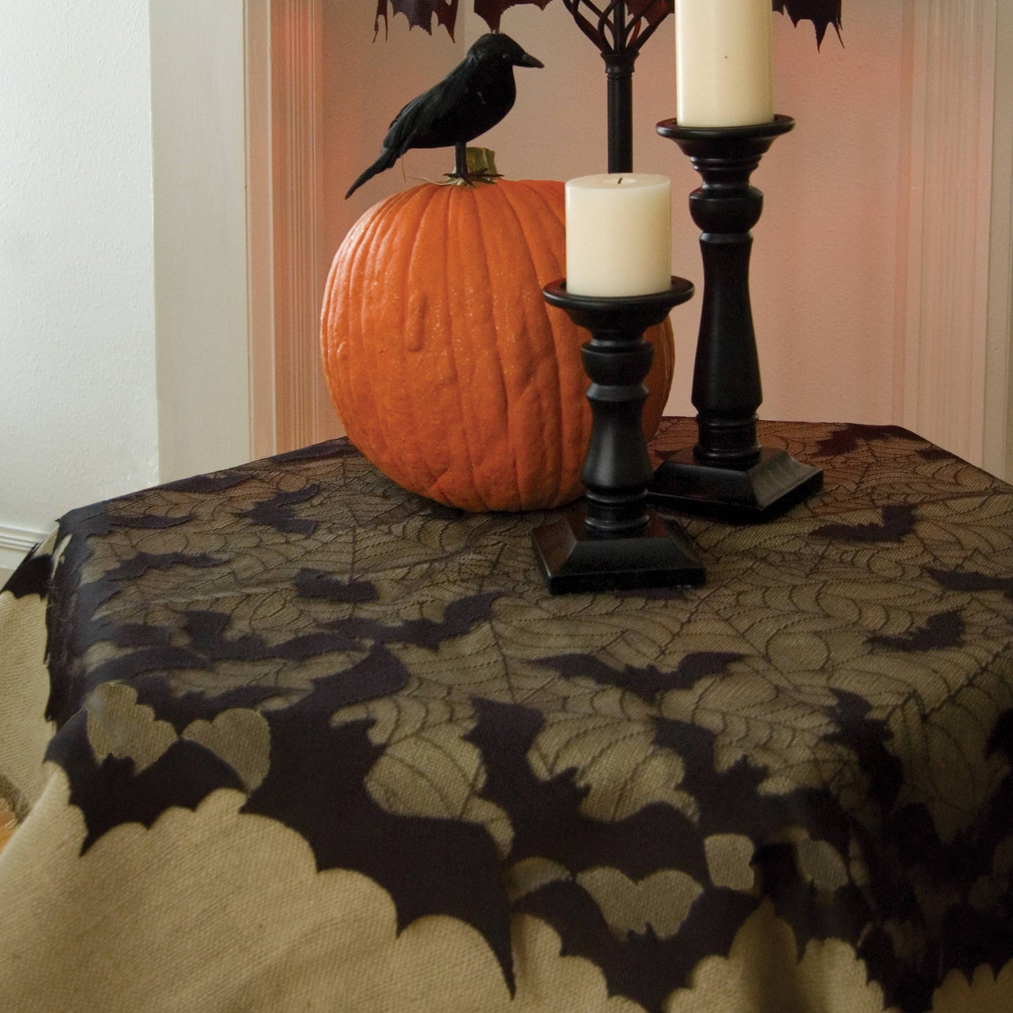 Halloween Bat Spider Web 44 in Round Lace Tablecloth Black