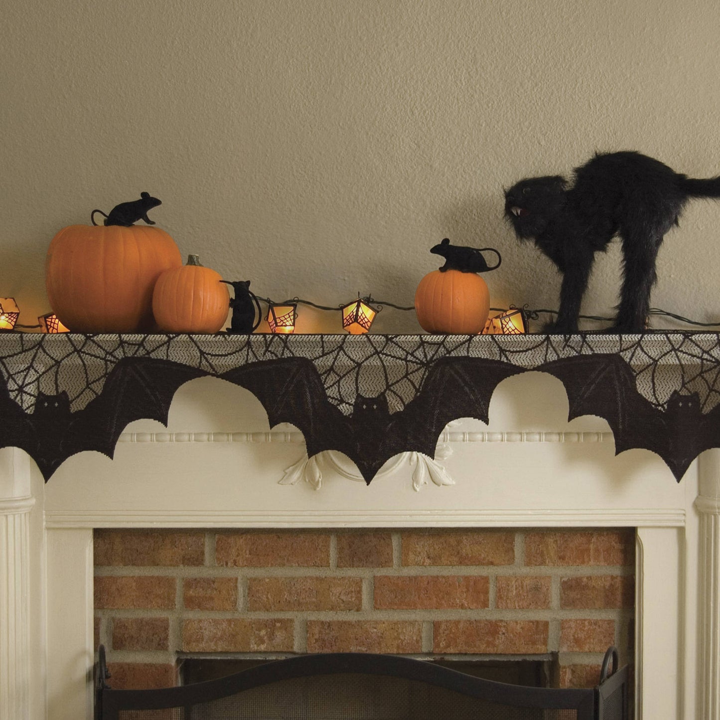 Bats Spider Web Halloween Lace Mantle Scarf Runner Black