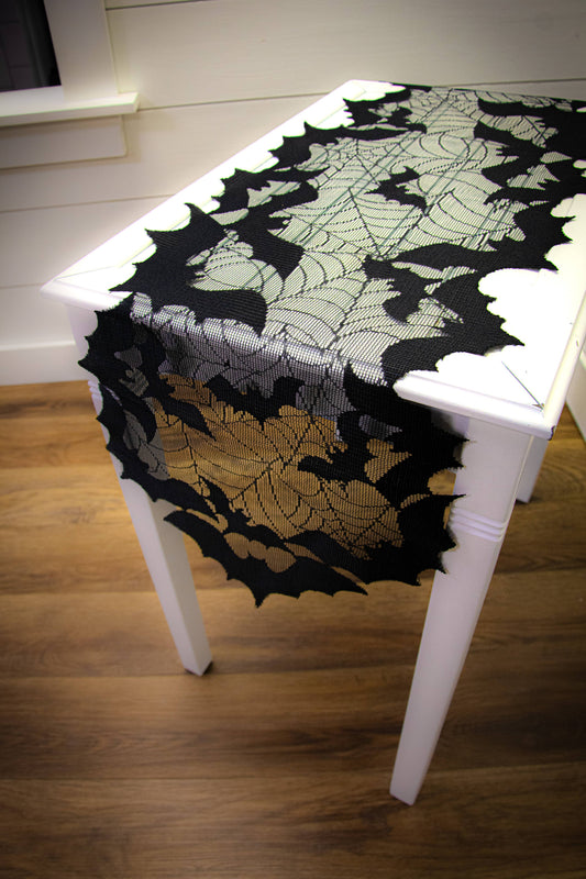 Halloween Bat Spider Web Lace Table Runner Black