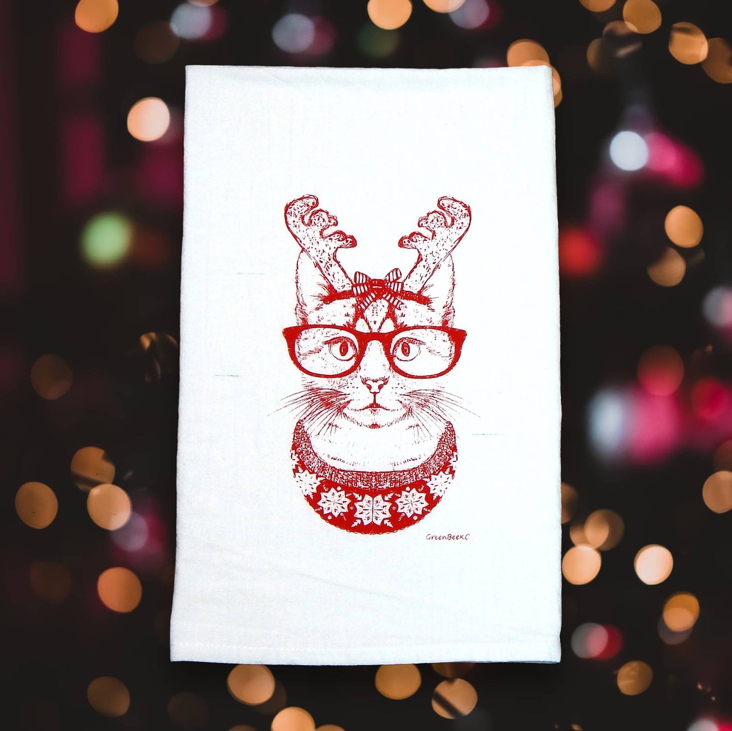 Christmas Cat Flour Sack Tea Towel